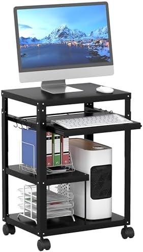 AV Presentation Cart with Keyboard Tray Mobile AV Cart Stand Metal Media Cart with Wheels for Projector Height Adjustable Computer Workstation Presentation Cart for School Classroom Office