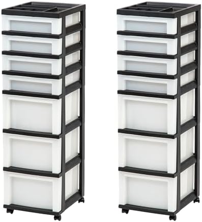 IRIS USA 2 Pack 7-Drawer Plastic Storage Rolling Organizer Cart with Caster Wheels for Laundry Room, Bathroom, or Closet Dresser Storage, Black/Clear