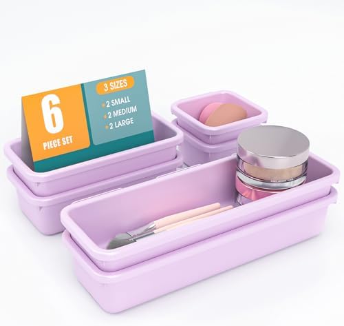 6 PCS Drawer Organizer Set, 3 Size Makeup Drawer Divider Organizer With Non-Slip Pads, Interlocking Plastic Storage Bins for Office,Jewelry Vanity,Gadgets, Bathroom,Kitchen, Purple