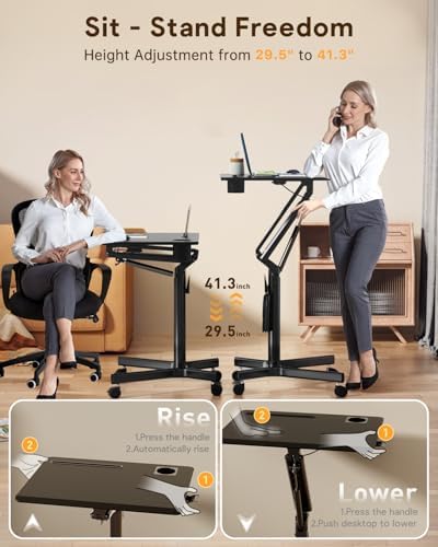JOY worker Mobile Standing Desk, 28" Black Portable Laptop Desk with Wheels