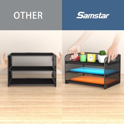 samstar 2 Pack 3 Tier Letter Tray Paper Organizer with Handle, Mesh Desk Organizer Paper Sorter File Rack Shelves, Black