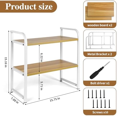 Desktop Shelf Organizer Office Desk Shelf for Top of Desk Wood & Metal Bookshelf Supplies Storage Rack (White&Walnut)