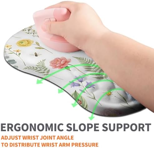 Ergonomic Joint Wrist Support Mouse Pad with Memory Foam Cushion Massage Bump, Carpal Tunnel Pain Relief Mousepad Slope Design for Wrist Rest, 11.8x7.9 in, Bee Butterfly Flower