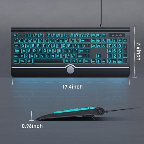 Large Print Backlit Computer Keyboard, 7-Color Backlit Keyboard with Wrist Rest, USB Plug-and-Play, Oversize Letters Keys Easy to See and Type, Wired Light Up Keyboards for Laptop, PC, Gaming