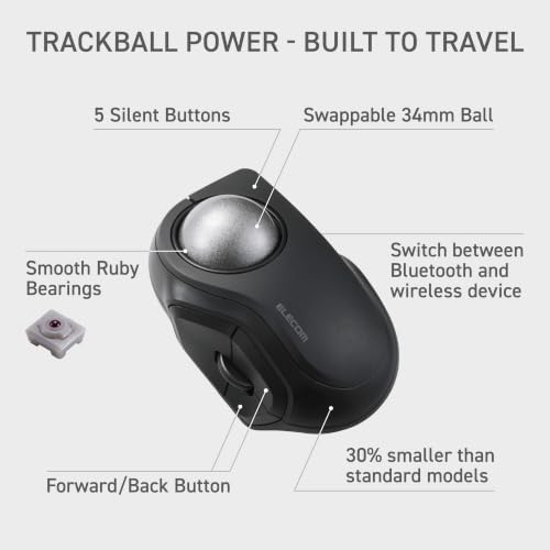 ELECOM BITRA Wireless Trackball Mouse, Bluetooth and USB 2.4GHz Switch, Silent Click, Compact Index Finger Design, 34mm Wide-Range Ball, for Windows Mac Chromebook Android iPad iPhone