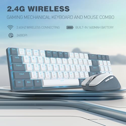 Redragon BS8773 Wireless Keyboard and Mouse Combo, 78 Keys 2.4Ghz Wireless Low-Profile Mechanical Red Switch Keyboard w/Slim Compact Design & Single Blue Backlit, Comfort Grip 2400 DPI Max Mouse