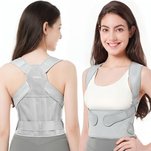 Vicorrect Posture Corrector for Women and Men: Adjustable Back Brace for Upper Back Support - Shoulder Neck Pain Relief - Lightweight Breathable Design (Gray Small)