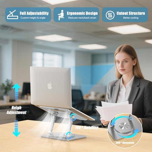 Laptop Stand for Desk, Adjustable Height & Angle Portable Aluminum Laptop Riser & Monitor Stand with 360° Swivel, Foldable Ergonomic Computer Stand for 10-17 Inch Laptops (MacBook/Dell/HP), Silver.