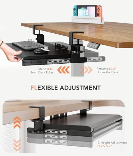 Hemudu Keyboard Tray Under Desk Pull Out with Extra Sturdy C Clamp Mount System, 27.3 (32.5 inch Including Clamps) x 11 Inch Slide-Out Platform Computer Drawer for Typing Black
