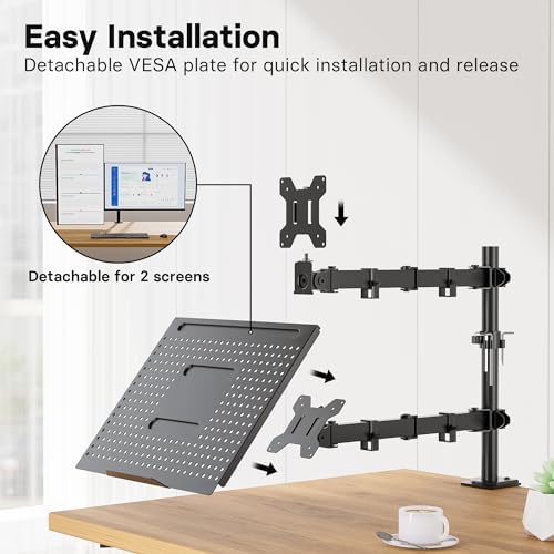 Redbat Monitor and Laptop Mount Stand, Fully Adjustable Monitor Arm with Vented Tray for 13" to 32" LCD Screens and Notebook up to 16", Holds up to 22lbs, VESA Compatible, Dual Mounting Options