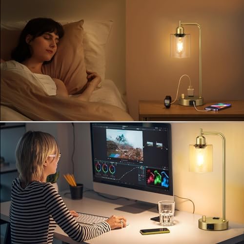Innqoo Industrial Table Lamp for Bedroom Set of 2 - Fully Dimmable Bedside Lamps with USB Ports and Outlet, Gold Nightstand Lamps with Clear Glass Shade for Living Room, Desk Lamps for Office Reading