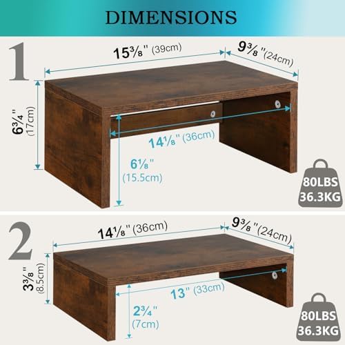 TEAMIX 2-Pack Monitor & Laptop Stand Riser, Wood High-Low Dual Monitor Set