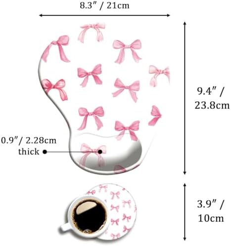 Ergonomic Mouse Pad with Wrist Support,Cute Mouse Pad with Wrist Rest and Coaster Set,Office Supplies Non-Slip Mouse Pads for Desk, Non-Slip Comfortable,Pink Bow