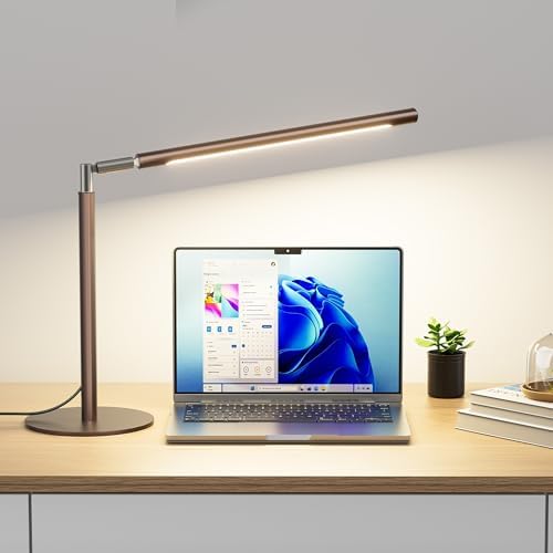 SIBRILLE Brown LED Desk Lamp, 16" Dimmable Metal Desk Light with Base, 15W 1200LM, Adapter Included, Color & Brightness Adjustable, Modern Tall Table Lamp for Home Office Reading Study Task Laptop