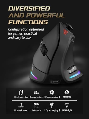 TKMARS Wireless Ergonomic Vertical Gaming Mouse with Joystick, Bluetooth & 2.4G, 12 Programmable Buttons, Adjustable 24000 DPI, Rechargeable RGB Computer Mouse for PC, MacBook & Laptops