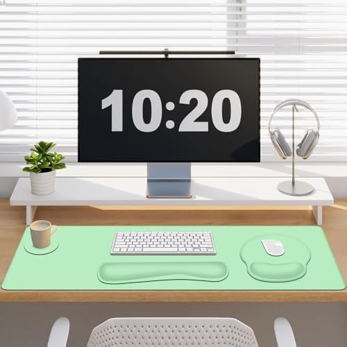 4 PCS Mouse Pad Desk Mat Protector, Keyboard Wrist Rest + Comfortable Mouse Pad with Wrist Rest +Coaster, Large Gaming Mousepad for Computer Laptop, 35.4"X 15.7" Deskpad for Office Home I Light Green