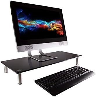 Monoprice Medium Multimedia Desktop Stand, Black Glass (27.6" x 12.2" x 3") - Stand & Riser, Laptop Stand, Desktop TV Stand, Dual Monitors w/ Height Adjustable Legs - Workstream Collection (116360), 25.6" x 11.0"