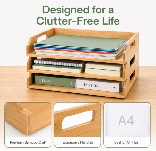 Okllen 3 Pack Stackable Paper Trays, Bamboo Desk Letter Tray Set, 3 Tier File Document Organizer Tray for A4 Paper, Magazine, Receipts, Office Supplies