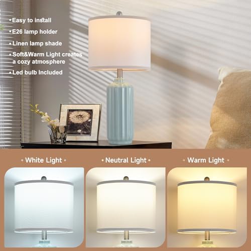 Lamp for Living Room Bedroom Lamps Farmhouse Table Lamps Set of 2 Vertical Stripe Ceramic Table Lamp,Linen Shade with Bulb, 25 in High,Seafoam,Blue