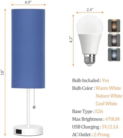 Dott Arts 18" Table Lamp for Bedroom, 3-Color Bedside Lamps with Pull Chain
