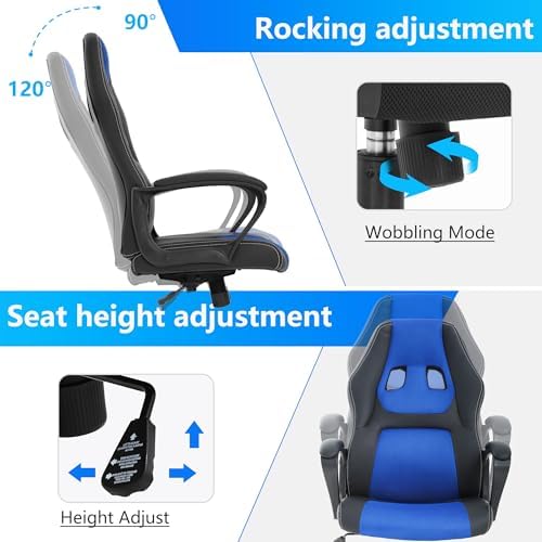 PayLessHere Gaming Office Chair Support Adjustable Ergonomic PU Leather Racing Lumbar Massage Headrest Armrest Task 360° Swivel Computer Chair for Women Men Adults, Blue