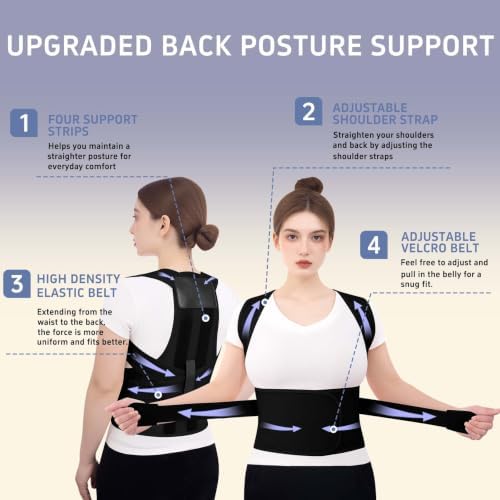 Posture Corrector for Women and Men, Full Back Brace for Posture Support, Adjustable Upper Back Brace with Waist Belt, Shoulder Straightener for Hunchback, Back Support for Work, Home, Office Black, X-Large
