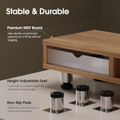Fenge Dual Monitor Riser with 2 Drawers, 42.5in Long Desk Shelf, Dark Oak