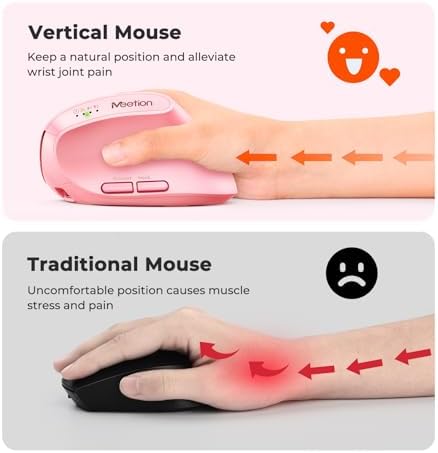 MEETION Ergonomic Vertical Mouse, Wireless Bluetooth Mouse - Pink