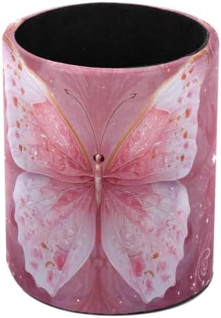 Leather Pen Holder for Desk, Pink Butterfly Pencil Cup Pen Organizer Makeup Brush Holder for Office Home Kids Countertop Desk Accessory Storage