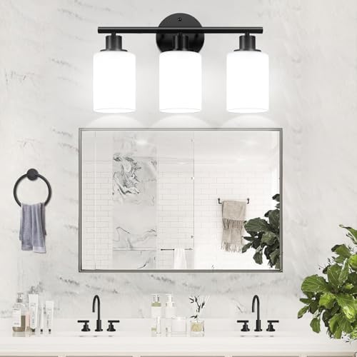 Zarbitta 3-Light Bathroom Light Fixtures, Black Modern Vanity Lights with Milky White Frosted Glass Shades, Bathroom Wall Lamp for Mirror Kitchen Living Room Hallway Cabinet Porch