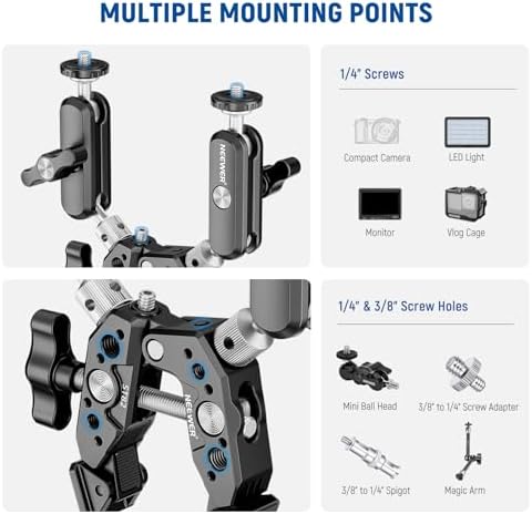 NEEWER Heavy Duty Super Clamp with Two 360° Dual Ball Head Magic Arms, 1/4" 3/8" Screw Threads, Phone & Action Camera Mount Adapter for Flat/Round Surface Compatible with GoPro DJI Insta360 DSLR