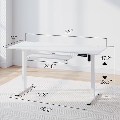 Electric Height Adjustable Standing Desk with Keyboard Tray, 55 * 24 Inch Sit Stand Up Desk, Ergonomic Computer Desk with 2 Headphone Hook for Home Office Sturdy Writing Workstation, Gaming