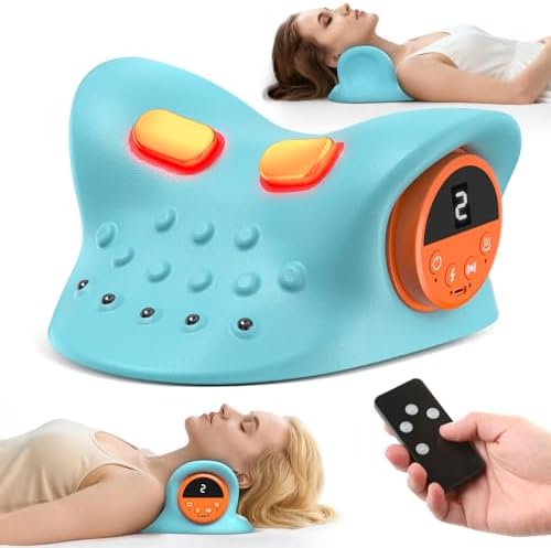 Neck Massager 2026 360° Remote Control Neck Massager Pillow with Multi-Directional Stretch, 3 Heat & 3 Vibration Modes for Relaxation,Ergonomic Support at Home,Office,Travel，‌Baby Blue‌