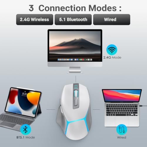 JOYACCESS Wireless Gaming Mouse, Supports Bluetooth/2.4g/Wired Connections 12500 DPI, 1000hz, Rechargeable, 20m Clicks, 6 Buttons, RGB Backlit Ergonomic Mouse for Windows/Mac Gamers (Silver-Gray)