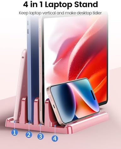 Vaydeer Vertical Laptop Stand for Desk, Dual Slots Plastic Laptop Holder with Space Saving 4-in-1 Design, Adjustable Laptop Stand Supports MacBook, Chromebook, Surface, Dell (Pink Rose)