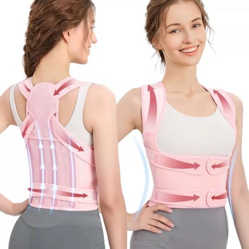 Back Brace Posture Corrector for Women and Men, Shoulder Straightener, Adjustable Full Back Support, Relief for Neck/Shoulder/Back Pain, Scoliosis & Hunchback Correction, Breathable Mesh Design (Pink, Small (Waist 25"-33"))