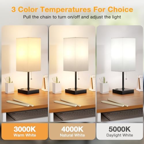 aooshine 17.4" White Bedside Table Lamp for Bedroom - USB C+A, 2 AC Outlets