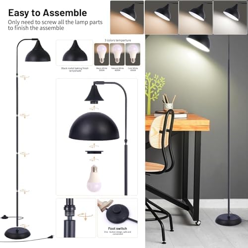 Industrial LED Floor Lamp,Black Metal Adjustable Standing Lamp for Living Room, Bedroom, Office,Rotating Head Tall Reading Lamp for Sofa or Desk, Modern Home Decor (Industrial, Metal)