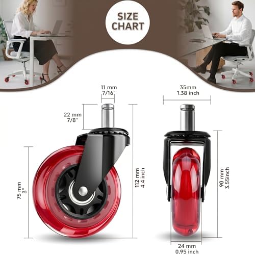 3 Inch Office Chair Wheels, Set of 10 (Red)