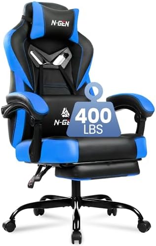 Gaming Chairs with Footrest, Big and Tall Gamer Chair with Headrest and Lumbar Support for Adults, Blue