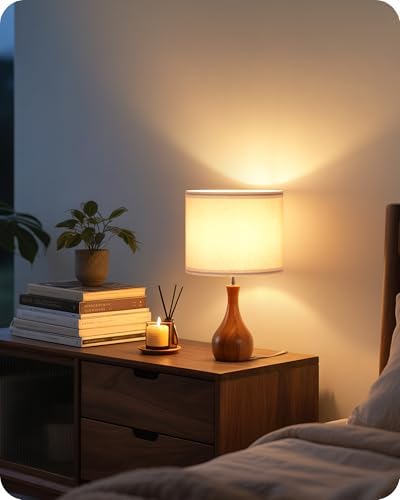 Small Table Lamp, Wood Bedside Lamp with White Linen Lampshade & Dark Wood Base, Mid Century Modern Nightstand Lamp for Bedroom, Living Room, Kid's Room, Dorm Room, E26 Socket, LW09TL05