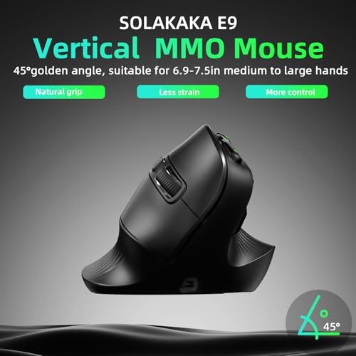 SOLAKAKA E9 Ergonomic Vertical MMO Mouse with 10 Side Buttons,Black