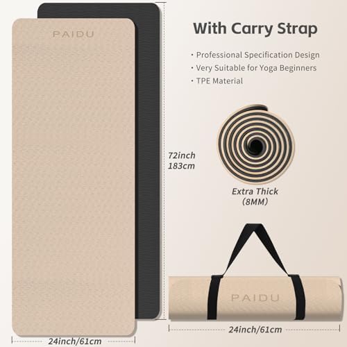 PAIDU Yoga Mat 8mm TPE Non‑Slip Fitness Mat with Strap for Home Workouts