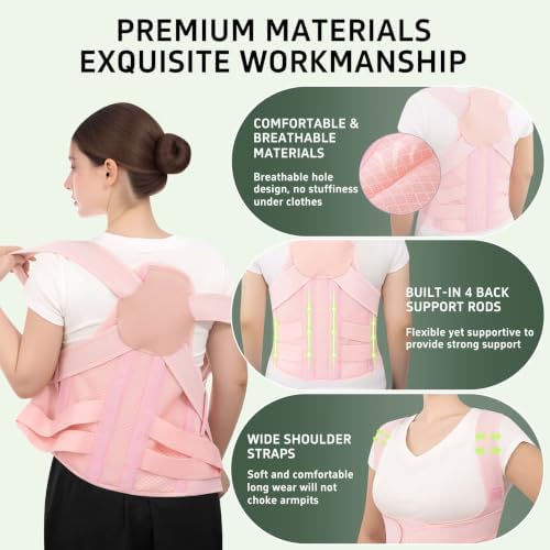 Posture Corrector for Women and Men Upper Back Brace Straightener Support Rounded Shoulder Adjustable Straps Breathable Mesh Office Work Computer Use Desk Job Studying Daily Wear (Pink XL)
