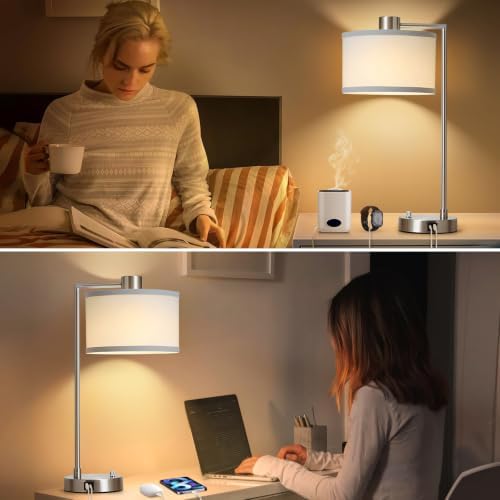Silver Table Lamp Set of 2, Dimmable Bedside Lamps for Night Stand, USB A+C