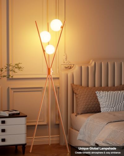 3 Globe Dimmable Tripod Floor Lamp, Mid Century Standing Lamps with 3Pcs 3000K Bulbs Included, Modern Tall Lamp for Living Room Bedroom Home Office Sofa Beside Corner Decor-Orange