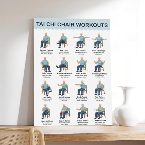 Tai Chi Chair Workout Exercise Chart for Seniors Gentle Home Workout Plan Canvas Poster Bedroom Decor Room Decor Frame 16x24inch