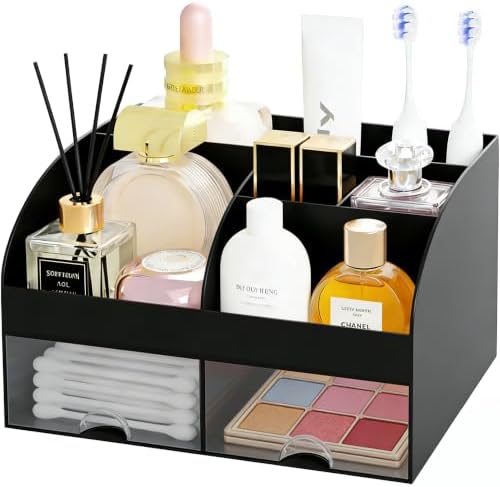 Makeup Organizer with 2 Drawers, Cosmetic Storage for Dresser Vanity and Bathroom Countertop,Make up organization and Skincare Storage with Beauty Brush Holder, Cosmetic Display Case 2Pcs Black