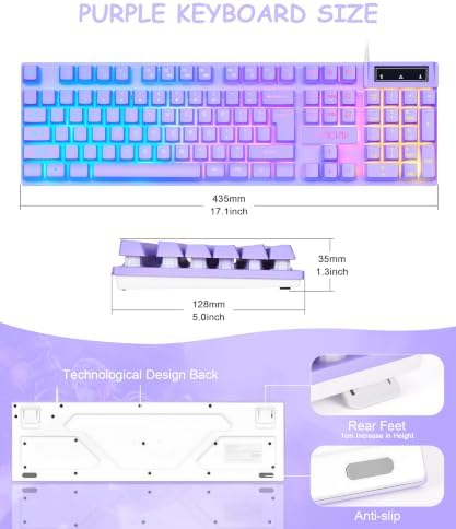 Purple Gaming Keyboard Light Up with USB Wired,3 Mix Color LED for Computer