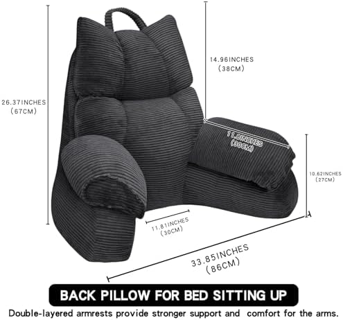 Reading Pillow for Bed with Arms, Back Support, Memory Foam（Grey Black）